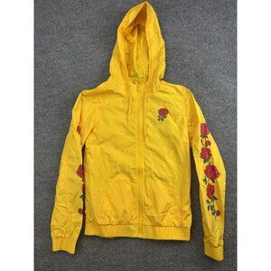 Empyre Jacket Womens M Yellow Hooded Windbreaker Full Zip Rose Graphic Print‎
